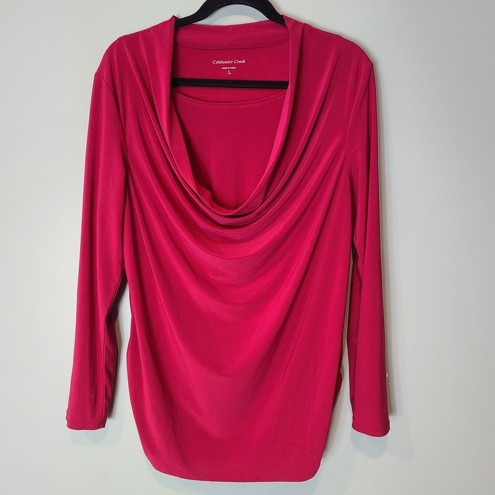 Coldwater Creek Travel Knit Top Sz Large Slinky Stretch Cowl Neck Jewel Tone